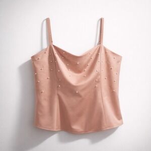 Roxy Earle x Le Chateau Pink Pearl‎ Rhinestone Cowl Neck Cami Top Large